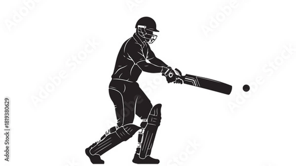 Fototapeta Cricket player silhouette swinging bat at ball vector illustration of batsman in action isolated on white background