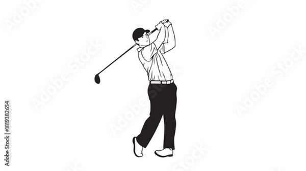 Fototapeta Golf player swinging club vector line art illustration of golfer in action isolated on white background