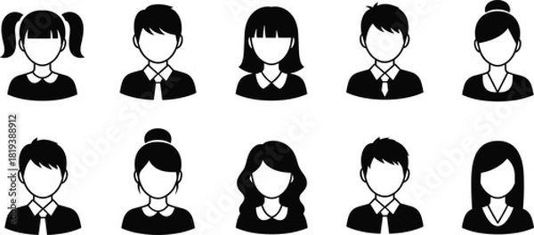 Obraz Set of Student and School Avatar Silhouettes, Diverse Faces of Teenagers and Young People in Uniform, User Profile Icons Vector