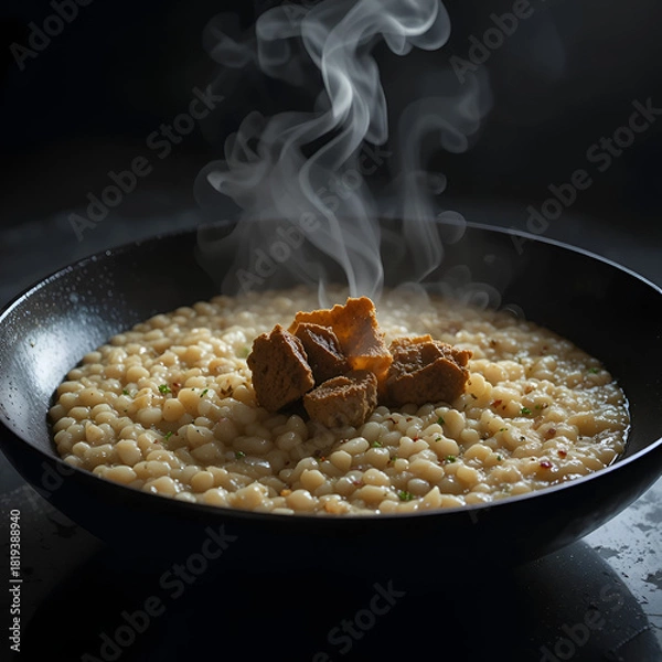Fototapeta frying pan with meat and potatoes
