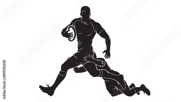 Fototapeta Rugby player running with the ball tackled by opponent vector silhouette illustration on white background for sports design