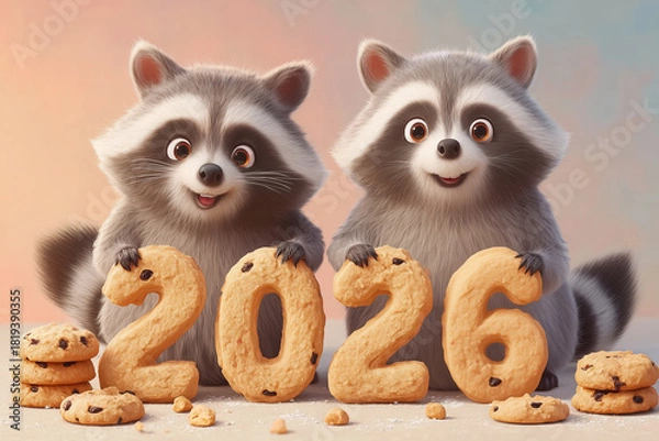 Fototapeta AI-generated two cartoon raccoons holding large 2026 cookie numbers