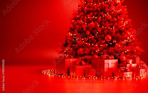 Obraz Festive red christmas tree with gifts and lights on red background