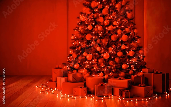 Obraz Festive christmas tree with red ornaments and gifts in warm red light