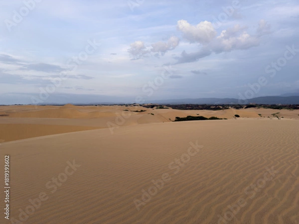 Fototapeta Vast Sand Dunes Landscape with Rippled Texture and Distant Mountains