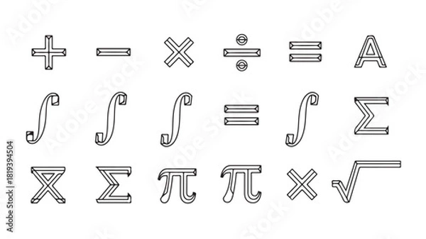 Fototapeta Set of mathematical symbol icons vector line art glyphs for education and science isolated on white background