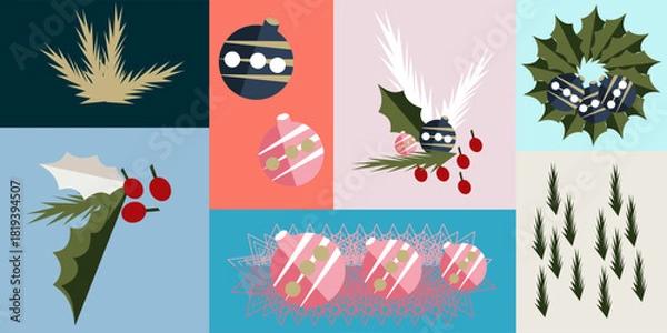 Fototapeta Flat Retro Christmas Botanical and Ornament art Set
