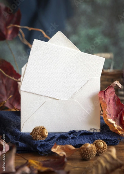 Fototapeta Card on wood near autumn dried leaves closeup, wedding and party mockup in blue, red and orange