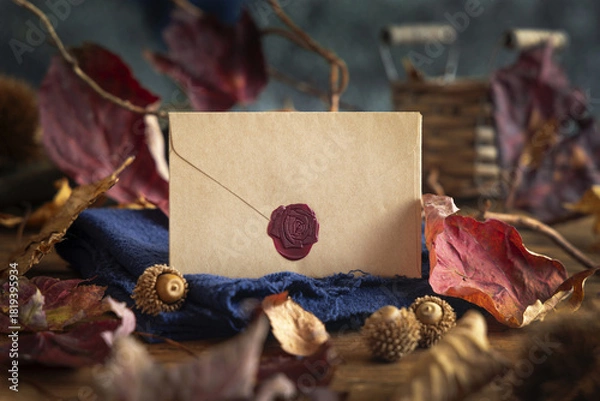 Fototapeta Envelope on wood near autumn dried leaves closeup, wedding and party, rustic mockup