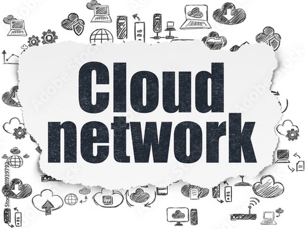 Fototapeta Cloud computing concept: Painted black text Cloud Network on Torn Paper background with  Hand Drawn Cloud Technology Icons