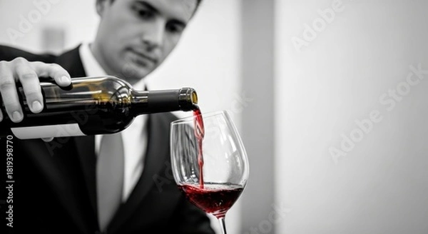 Fototapeta Man in a suit pouring red wine into a glass, showcasing the elegance of wine service in a sophisticated dining environment with modern decor