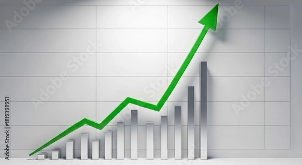 Obraz Graph showing upward trend with green arrow indicating growth, representing financial success and business development in a modern office environment with clean lines