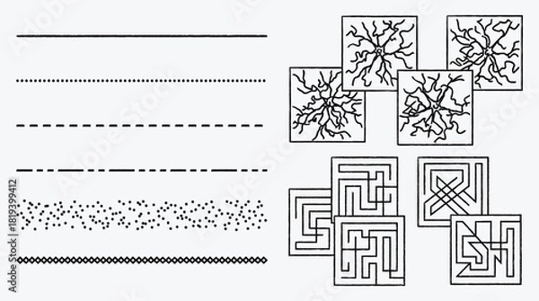 Fototapeta Monochrome abstract shapes with linear and dotted patterns for design elements