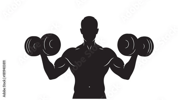 Fototapeta Silhouette of a muscular man lifting dumbbells vector illustration for fitness and gym concepts isolated on white background