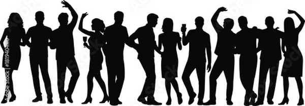 Fototapeta Party crowd silhouette set with dancing people, drinks, gestures, social interaction, celebration poses, formal attire, and festive mood