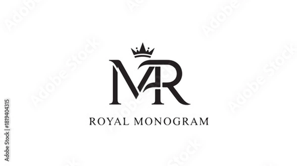 Fototapeta Elegant royal monogram logo featuring the letters M and R with a crown vector design for luxury branding and identity