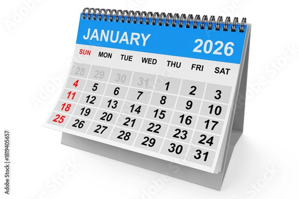 Obraz 2026 Year January Calendar. 3d Rendering