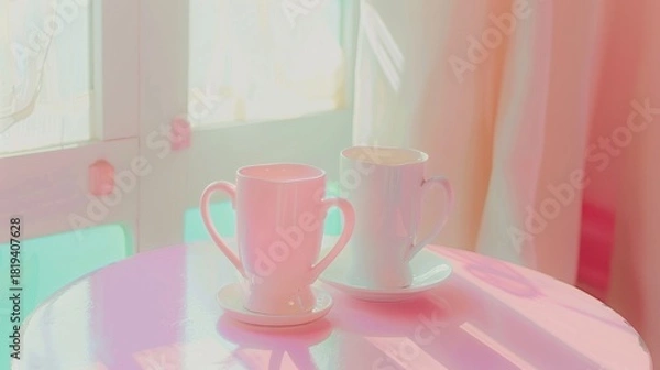 Obraz Pink Ceramic Mugs on Round Table in Bright Sunlit Room