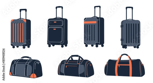 Fototapeta A collection of modern travel luggage, including various hard-shell suitcases with wheels and soft duffel bags, perfect for vacations and trips.
