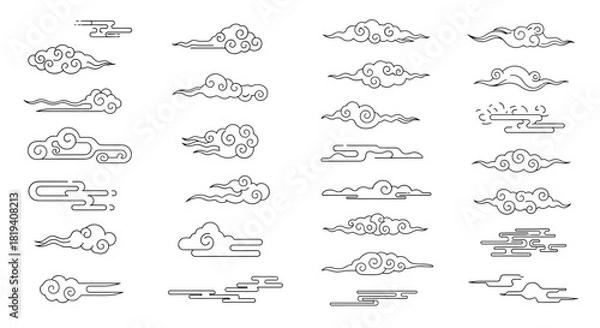 Fototapeta Vector illustration set featuring various traditional Chinese and Asian style auspicious cloud motifs with elegant swirling outlines.