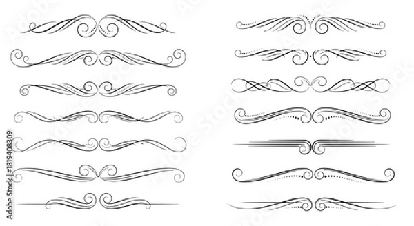 Fototapeta Elegant and ornate decorative dividers collection with various calligraphic scrolls, swashes, and flourishes for vintage design elements.