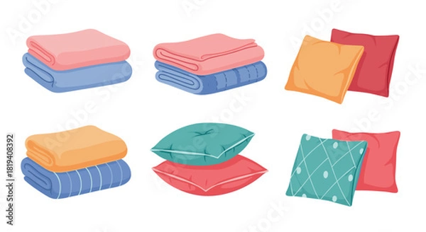 Fototapeta A collection of soft, comfortable home textiles featuring neatly folded blankets and plush pillows in various colors and patterns.