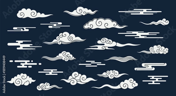 Fototapeta A collection of stylized oriental clouds in various shapes and sizes, set against a dark blue background, depicting traditional Asian art motifs.