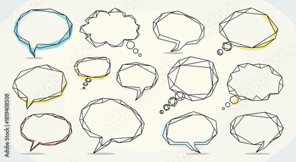 Fototapeta An abstract collection of polygonal speech and thought bubbles, outlined in black with subtle pastel color washes, on a light background.