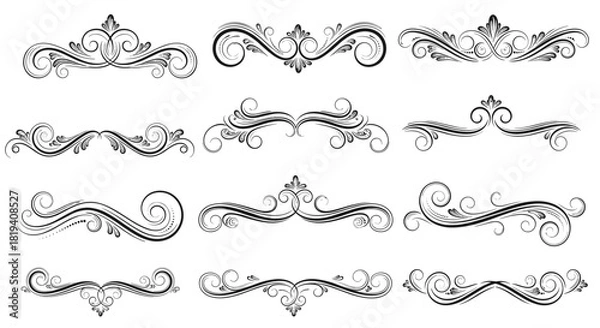 Fototapeta A collection of elegant vintage scroll and flourish decorative page dividers and design elements in black and white for various applications.