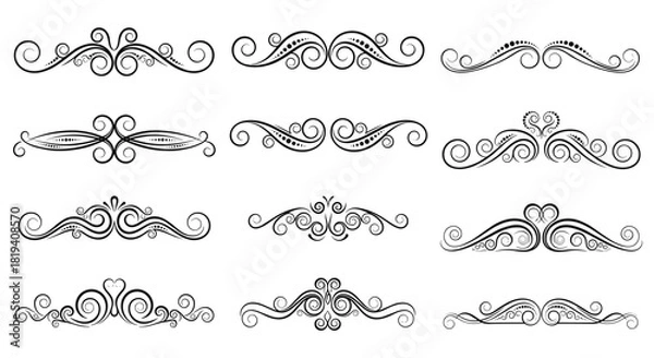 Fototapeta A diverse set of elegant black and white decorative scrollwork, filigree, and calligraphic flourishes, perfect for design accents and dividers.
