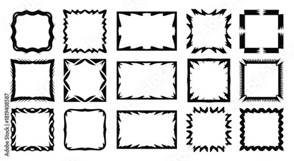 Fototapeta Collection of diverse black and white abstract frames with various decorative border designs, including jagged, spiky, and ornate styles for graphic use.
