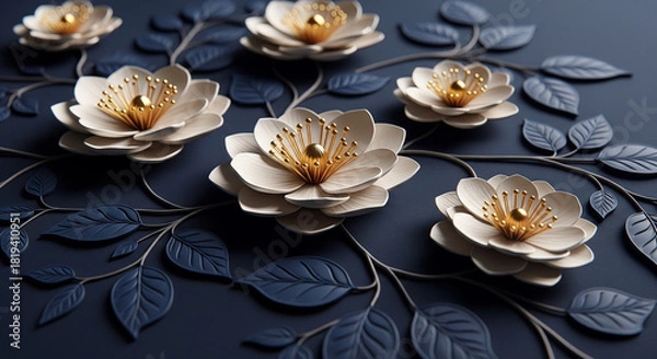 Obraz Elegant 3D Floral Relief Art with Cream Blossoms, Blue Leaves and Gold Accents, 3D Floral Wallpaper, 3D Wall Mural, 3D Floral Background.