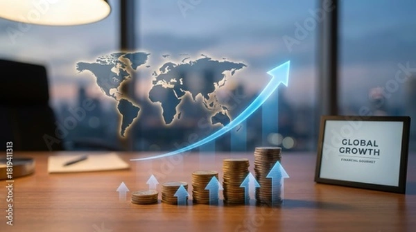 Obraz Global economic growth is symbolized by upward trend financial charts and stacks of coins indicating investment and positive market trends