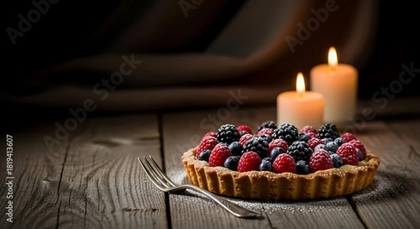 Fototapeta Elegant berry tart dessert with raspberries and blueberries display on wood