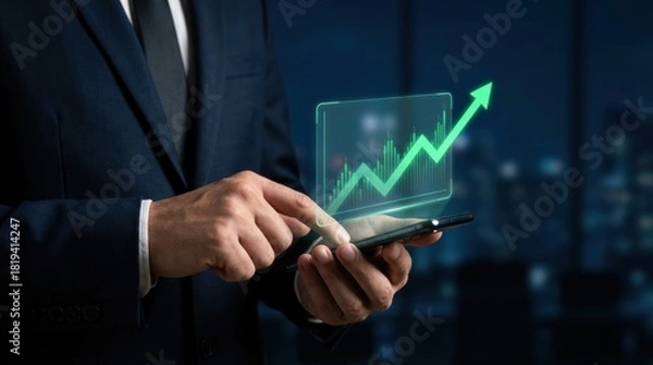 Fototapeta Businessman analyzes stock market data and financial growth trend on his mobile phone in the modern office at night