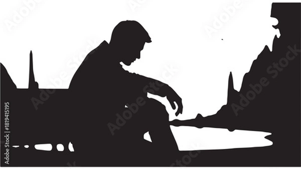Fototapeta Silhouette of a thoughtful man sitting on a bench vector illustration depicting loneliness and contemplation isolated on white background
