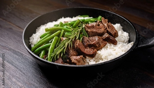 Obraz Delicious Beef Tips With Rice And Green Beans Garnished With Fresh Rosemary And Onions In A Skillet