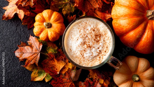 Fototapeta Pumpkin spice latte with autumn leaves and decorative pumpkins on a dark background , ai generated image.