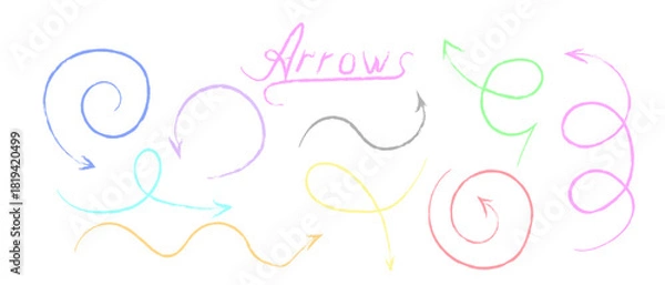 Fototapeta Hand drawn colorful crayon chalk arrow set for design element, graphic pointer, indicator direction concept. Doodle style vector illustration