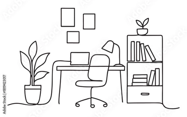 Fototapeta Continuous line art illustration of a modern home office space