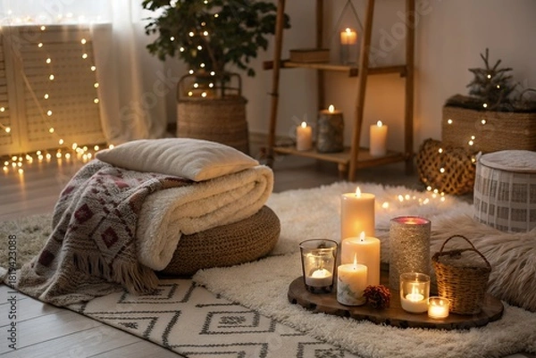 Obraz Cozy evening ambiance with candles and warm lights