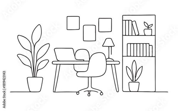 Fototapeta Minimalist line art illustration of a productive home office.