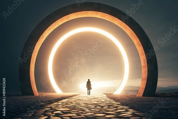 Obraz Lone figure approaches glowing portal in surreal landscape
