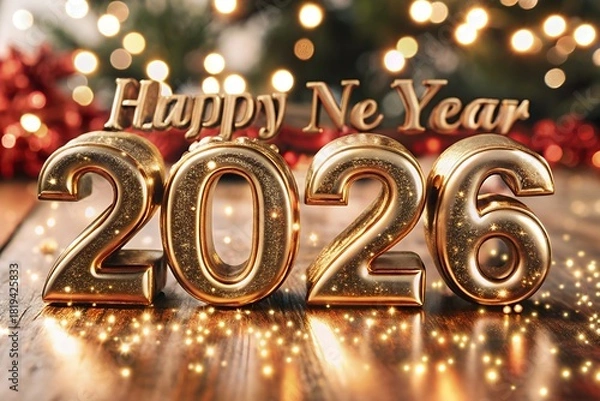 Fototapeta Golden 2026 new year celebration with bokeh lights