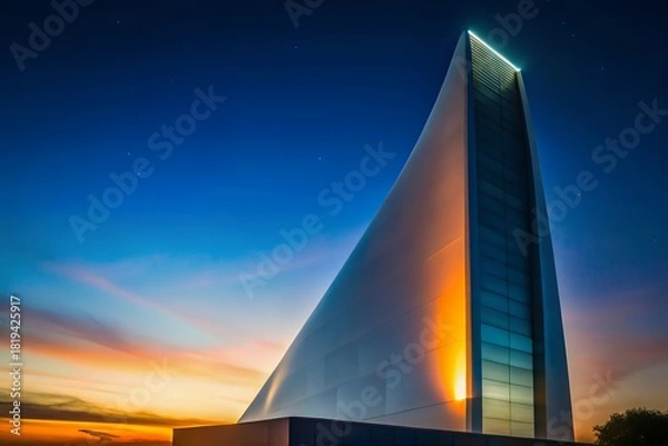 Obraz Modern triangular skyscraper illuminated by sunset sky