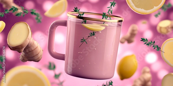 Fototapeta Hot drink with lemon, ginger and thyme in pink glass mug floating among fresh ingredients on glowing pink background
