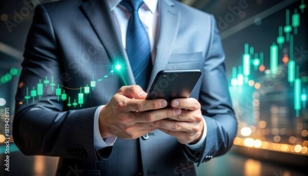 Obraz Businessman using phone with financial stock market data and charts modern technology showing business growth and global investment