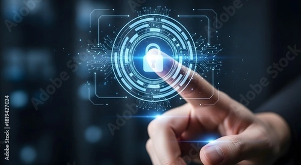 Obraz Finger touching a digital padlock icon representing cybersecurity and data protection