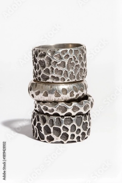 Obraz A set of four wide, textured sterling silver rings with various hammered and rough organic patterns, arranged vertically on a plain white background