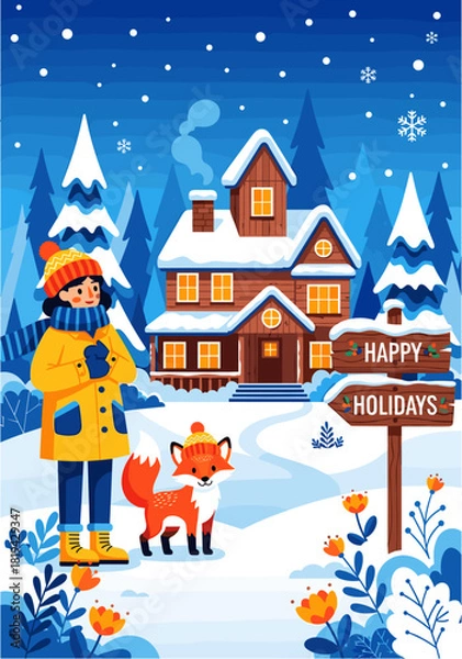 Fototapeta Festive winter illustration of person and fox in beanies by cozy house, pine trees, falling snowflakes, 'happy holidays' sign.